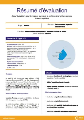 Résumé d'évaluation - Appui budgétaire pour la mise en œuvre de la politique énergétique durable à Maurice (APEn)