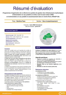 Résumé d'évaluation - Programmes d’application de la réforme du système de gestion des infrastructures hydrauliques d’alimentation en eau potable en milieu rural et semi-urbain (PAR) et d’alimentation en eau potable et assainissement dans le Centre Nord