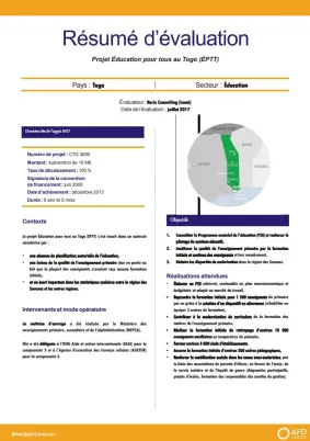 Résumé d'évaluation - Projet Éducation pour tous au Togo (ÉPTT)