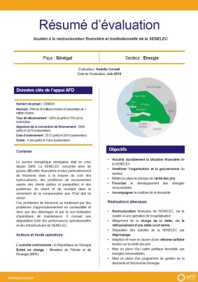 Résumé d'évaluation - Soutien à la restructuration financière et institutionnelle de la SENELEC, Sénégal
