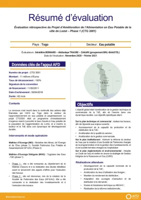 Résumé d'évaluation - Projet d’amélioration de l’alimentation en eau potable de la ville de Lomé (phase 1), Togo CTG3001