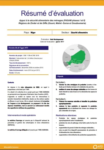Résumé d'évaluation - Appui à la sécurité alimentaire des ménages (PASAM phases I et II), régions de Zinder et de Diffa