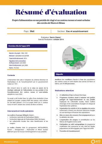Résumé d'évaluation - Projet d’alimentation en eau potable de vingt et un centres ruraux et semi-urbains des cercles de Nioro et Diéma, Mali