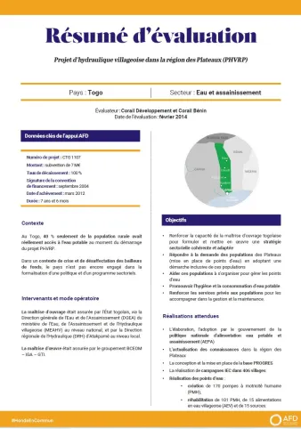 Résumé d'évaluation - Projet d’hydraulique villageoise dans la région des Plateaux (PHVRP), Togo