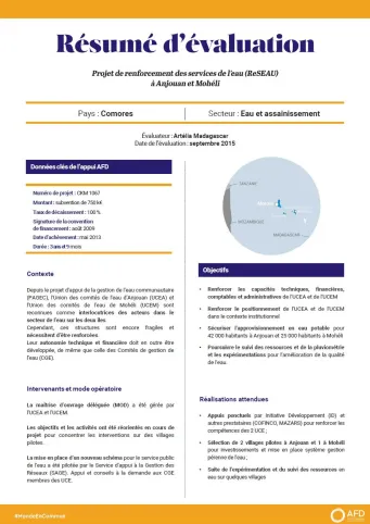 Résumé d'évaluation - Projet de renforcement des services de l’eau (ReSEAU) à Anjouan et Mohéli, Comores