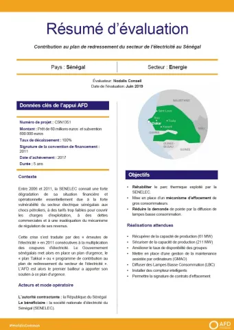 Résumé d'évaluation - Contribution au plan de redressement du secteur de l’électricité au Sénégal