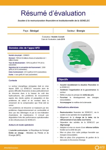 Résumé d'évaluation - Soutien à la restructuration financière et institutionnelle de la SENELEC, Sénégal