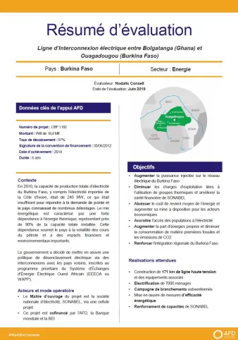 Résumé d'évaluation - Ligne d’interconnexion électrique entre Bolgatanga (Ghana) et Ouagadougou (Burkina Faso)