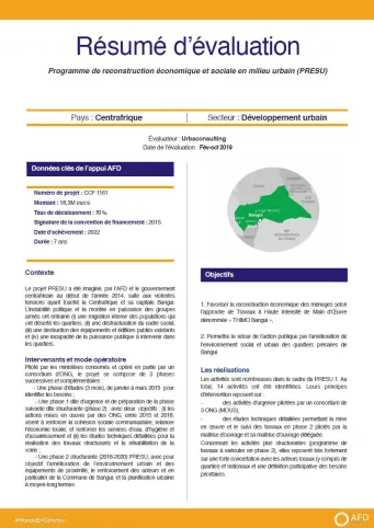 Résumé d'évaluation - Programme de reconstruction économique et sociale en milieu urbain (PRESU), RCA