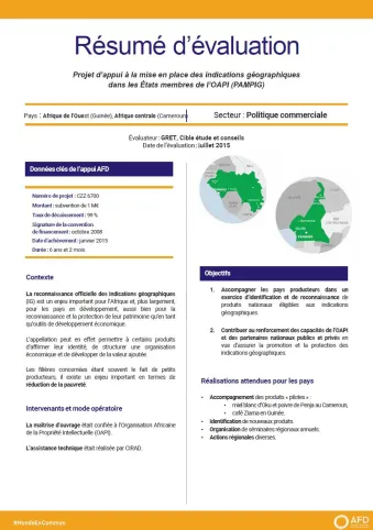 Résumé d'évaluation - Appui à la mise en place des indications géographiques dans les États membres de l’OAPI (PAMPIG)