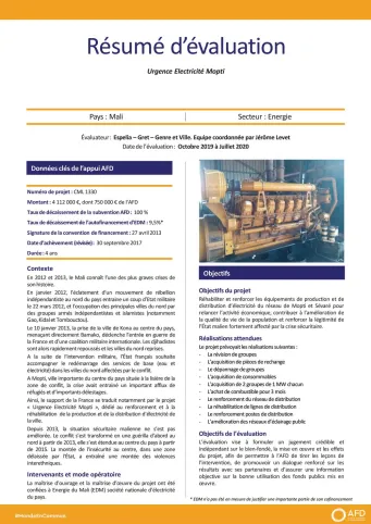 Résumé d'évaluation - Projet urgence électricité Mopti, Mali