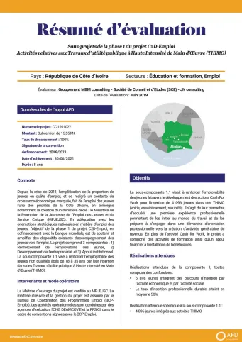 Résumé d'évaluation - Sous-projet de la phase 1 du projet C2D-emploi : activités relatives aux travaux d’utilité publique à haute intensité de main d’oeuvre, Côte d'Ivoire