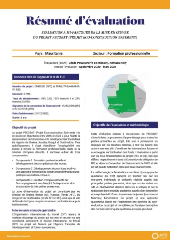 Résumé d'évaluation - Évaluation à mi-parcours du projet PECOBAT en Mauritanie CMR1201