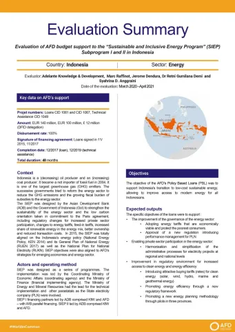 Evaluation Summary - AFD Budget Support to the “Sustainable and Inclusive Energy Program” (SIEP) Subprogram I and II in Indonesia CID1061-CID1067