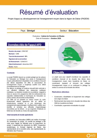 Résumé d'évaluation - Projet d’appui au développement de l’enseignement moyen dans la région de Dakar (ADEM) CSN1357