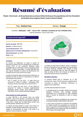 Résumé d'évaluation - Projet « Fast track » de branchements au réseau d’électricité pour les populations de l’arc frontalier du Burkina Faso CBF1326