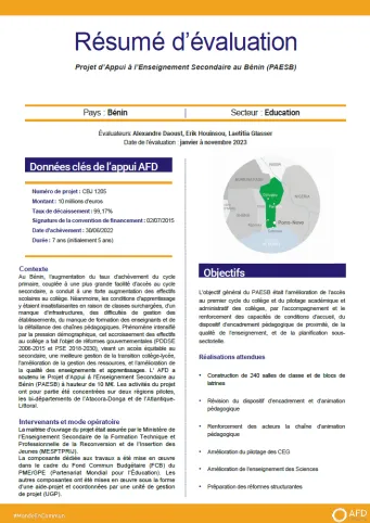 Résumé évaluation - Projet d’Appui à l’Enseignement Secondaire au Bénin (PAESB)